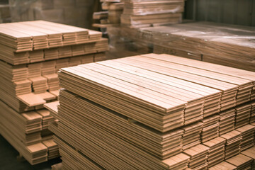 wood flooring planks stored in wood processing factory