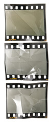set of old and crumpled 35mm film strips or snips isolated on white background, cool empty photo...