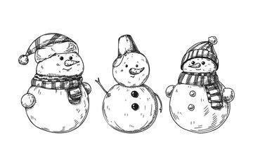 Set of different snowmen isolated on white background. Sketch