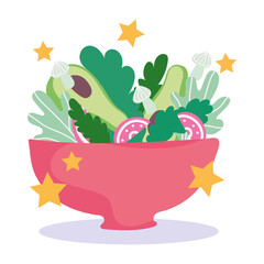 cooking, bowl with fresh salad vegetables, cartoon style
