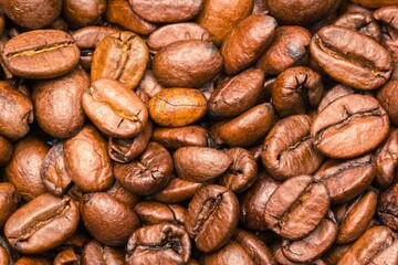 A heap of light brown roasted coffee beans