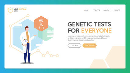 Geometric hexagon Web Layout Landing Page. Orange Genetics Cover for Chemistry Website or Web Page. Flat Scientist Vector Illustration&nbsp;