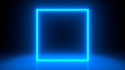 Square neon blue light in black hall room. Abstract geometric background. Futuristic concept. Glowing in concrete floor room with reflections. 3d rendering