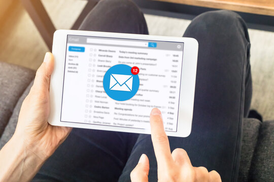 Email inbox notification with woman receiving new incoming message at home on digital tablet computer, e-mail communication marketing concept