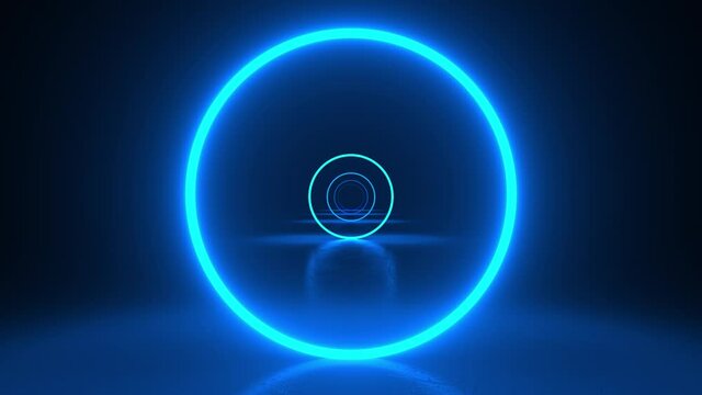 Circles neon blue light in black hall room. Abstract sci fi geometric background. Corridor. Futuristic concept. Glowing in concrete floor room with reflections. Moving forward. 3d animation loop of 4K