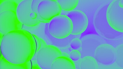 Abstract colorful bubbles. Purple and green fluorescent gradient background advertisement. Modern trendy banner or poster design. Dynamic bouncing balls and copy space for text. 3d rendering