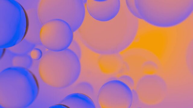 Abstract colorful bubbles. Blue and orange gradient background advertisement. Modern trendy banner or poster design. Dynamic bouncing balls and copy space for text. 3d animation of 4K