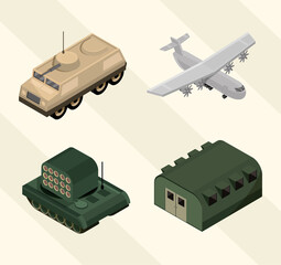 Fototapeta premium military icons set with barracks, airplane, tank and armored tank