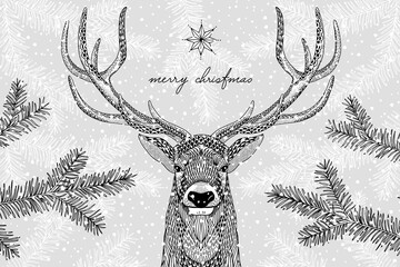 Black and white illustration of a cute reindeer in winter - Hand drawn Christmas card template - Merry Christmas - 390230778