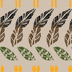 Vector leaves and cutlery seamless pattern, suitable for food packaging, shopping bags, tea towels and other design projects. 