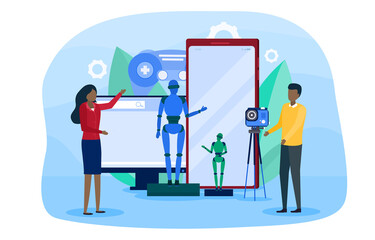 Modern business innovative technology exhibition. Man and woman showing new technologies of gadgets, robots and digital device. Advertising products at trade fair or exhibition. Vector illustration