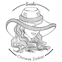 Chinese Zodiac. Vector illustration the symbols of the year of Snake as a beautiful fashion girl in hat. Line art template suitable for coloring book page. Hand drawn isolated on the white background