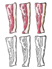 Set of hand drawn bacon slices. Vector illustration. Isolated on white. Doodle. Sketch.