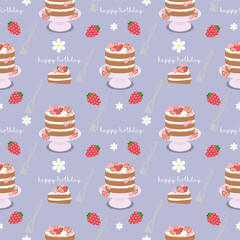 Happy birthday strawberry cake with flower seamless pattern