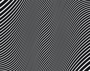  Line art optical art. Psychedelic background. Monochrome background. Optical illusion style. Black dark background. Modern pattern. Abstract graphic texture. Graphic ornament. Vector template