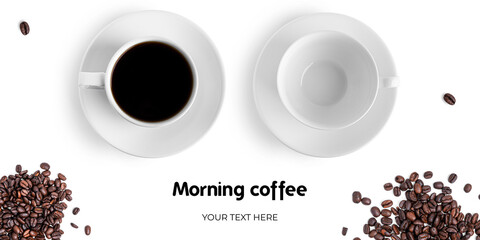 Coffee cups and coffee beans on a white background. Long header banner format. Panorama website header banner. High quality photo
