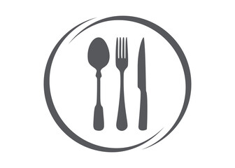 Plate logo with knife, spoon and fork on a white background.