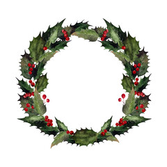 Watercolor christmas wreath with holly leavesand berries. Hand drawn illustration