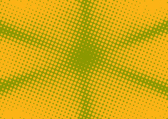 Bright yellow with green pop art comic background with halftone rays effect, vector illustration