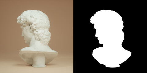 Head of Michelangelo's David isolated on beige background, via an black and white alpha channel. 3d render illustration.	
