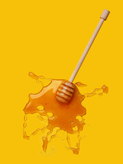 The honey spoon rests on a yellow background