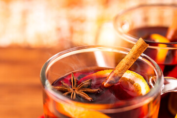 German tradition winter Christmas market new year holidays festival drink Gluhwein Mulled sweet hot warm red Wine with spices citrus aromatic cinnamon star anise 