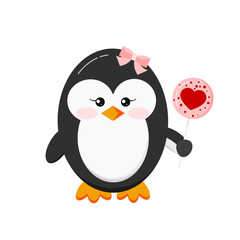 Cute penguin girl holding sugar lollipop isolated on white background. Lovely penguin with candy lollypop with red heart decoration. Flat design cartoon style vector baby bird character illustration.
