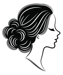 Silhouette of a profile of a sweet lady's head. The girl shows a female hairstyle on medium and long hair. Suitable for logo, advertising. Vector illustration.