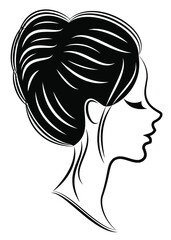 Silhouette of the head of a cute lady. The girl shows the shell hairstyle on long and medium hair. Suitable for logo, advertising. Vector illustration.