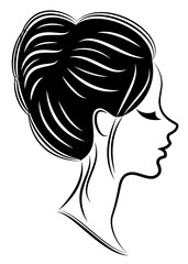 Silhouette of the head of a cute lady. The girl shows the shell hairstyle on long and medium hair. Suitable for logo, advertising. Vector illustration.