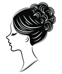 Silhouette of a profile of a sweet lady's head. The girl shows a female hairstyle on medium and long hair. Suitable for logo, advertising. Vector illustration.