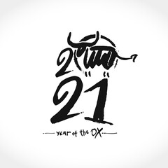 Year of the Ox in Chinese zodiac. Lunar horoscope sign ox, bull, cow. Chinese Happy new year 2021. Black ink brush calligraphy symbol of the year 2021. Vector element for New Year's design in flat sty