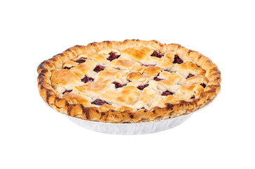 Cooked Cherry Pie in a Foil Plate Isolated on White Background
