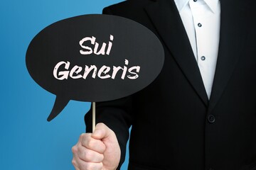 Sui Generis. Businessman holds speech bubble in his hand. Handwritten Word/Text on sign.