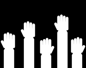 Hands up vector illustration. Concept of unity, revolution, fight, cooperation. Flat design