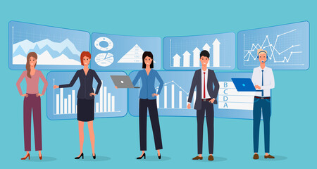 Business people engaged in the study of infographics.Teamwork, brainstorming, and searching for ideas.Annual account.Office work and coworking.Flat vector illustration.