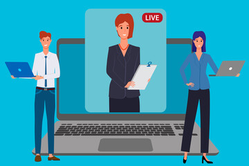 People hold a meeting using a video conference.Freelance remote work using new technologies.It can be used for web design.Flat vector illustration.