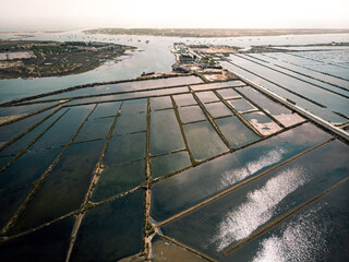 Aerial view of salt production ponds in Mediterranean