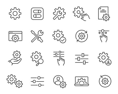  Setup and Settings Icons Set. Collection of simple linear web icons such Installation, Settings, Options, Download, Update, Gears and others and others. Editable vector stroke.