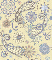 Abstract vintage pattern with decorative flowers, leaves and Paisley pattern in Oriental style.