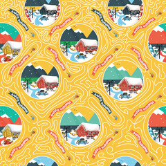 Seamless repeat pattern of snowy wooden scandinavian houses with grass on the roof, christmas trees, sheep, Happy holidays text with helicopter