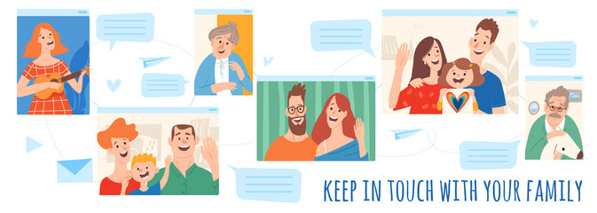 Home isolation stay at home vector illustration with different families