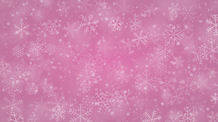 Christmas background of snowflakes of different shapes, sizes and transparency in pink colors