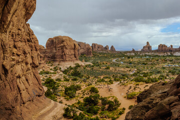 View from the top of Double Arch at Arches National Park, Utah, USA