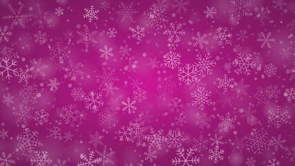 Christmas background of snowflakes of different shapes, sizes and transparency in purple colors