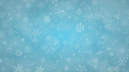 Christmas background of snowflakes of different shapes, sizes and transparency in light blue colors