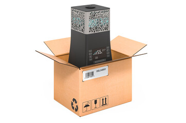 Ultrasonic humidifier iron inside cardboard box, delivery concept. 3D rendering