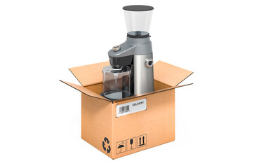 Coffee grinder inside cardboard box, delivery concept. 3D rendering