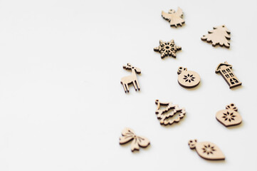 Small wooden Christmas toys on a white background, Card, Copy Space, Christmas, Christmas Decoration