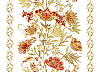 Abstract vintage pattern with decorative flowers, leaves and Paisley pattern in Oriental style. - 390244189